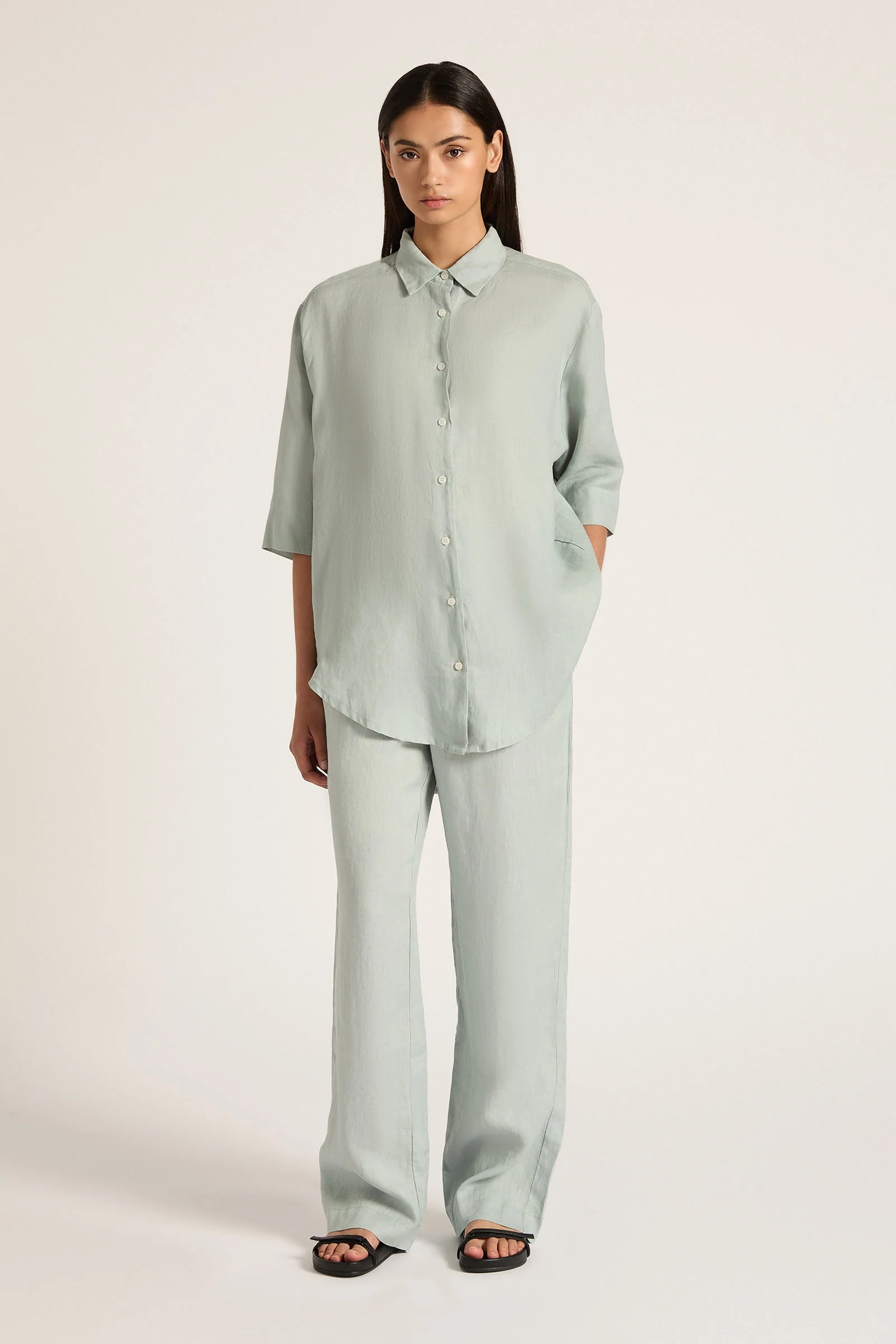 LOUNGE LINEN LONGLINE SHIRT - Image 11