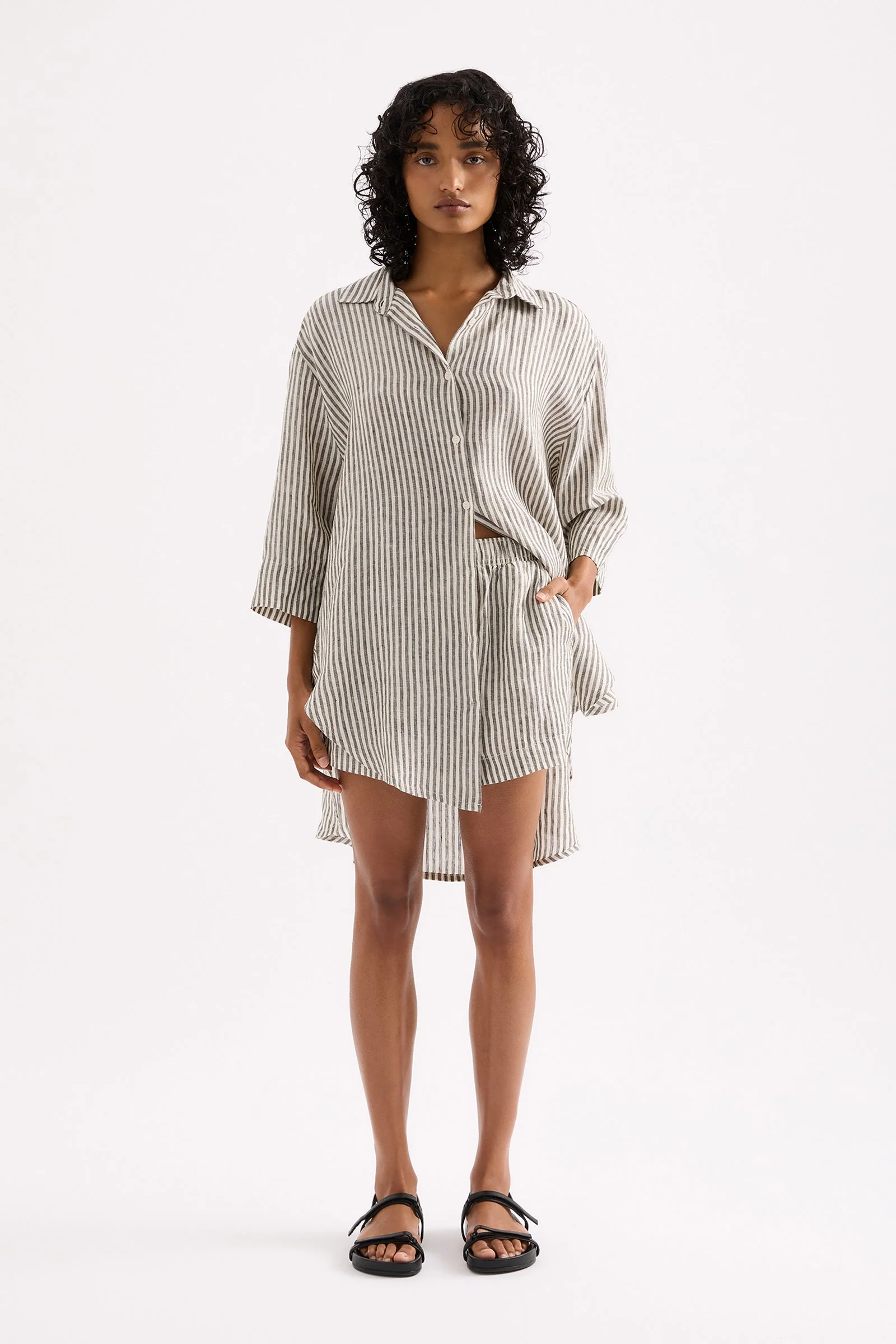 LOUNGE STRIPE LINEN LONGLINE SHIRT - Image 6